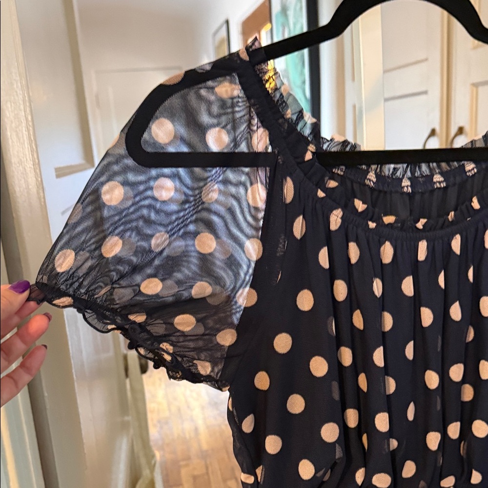 Kate And Lily Navy Polka Dot Midi Dress with Sheer Short Sleeves 6P - Picture 5 of 9